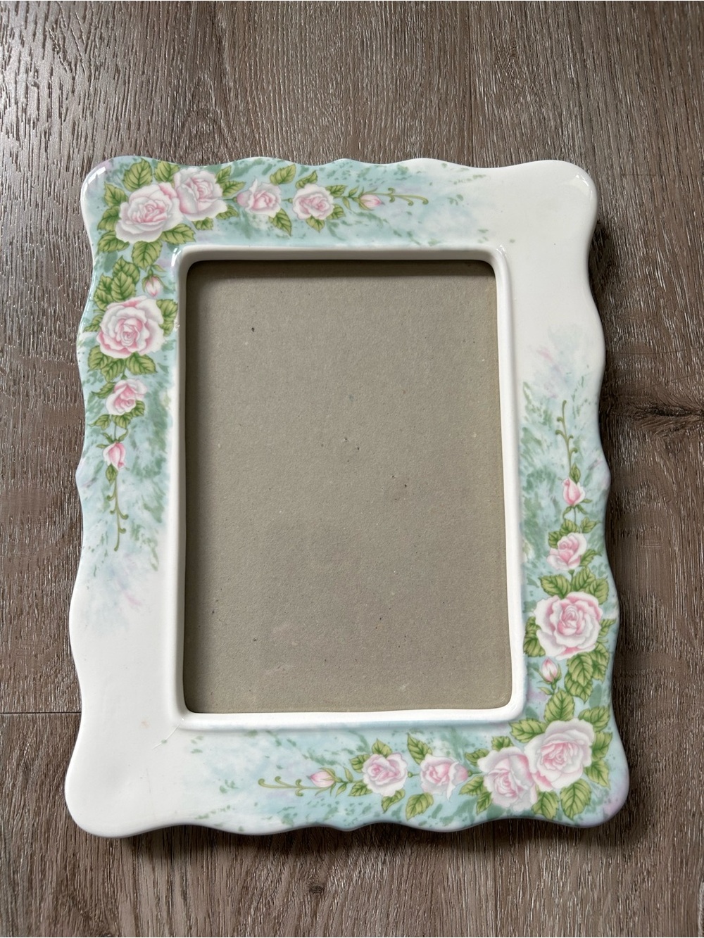 Vintage Floral Picture Frame in Pink and Green Roses-  Scalloped Edge